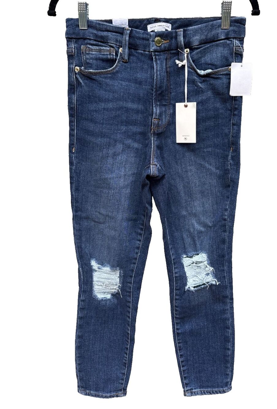 Good American Good Waist Crop Distressed Jeans Size 4 27 Indigo Denim NEW